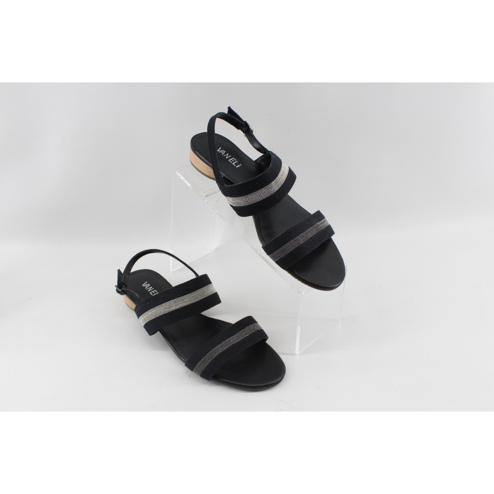 Vaneli Black / Silver Adjustable Ankle Strap Sandal w/Wooden Heel Sz 9.5 M‎